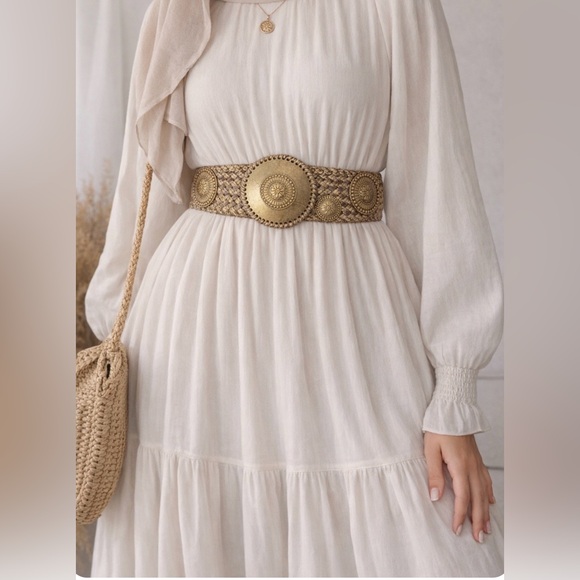 Accessories - Vintage Boho Wide Stretch Belt Gold Medallion Disc Braided Waist Belt Statement